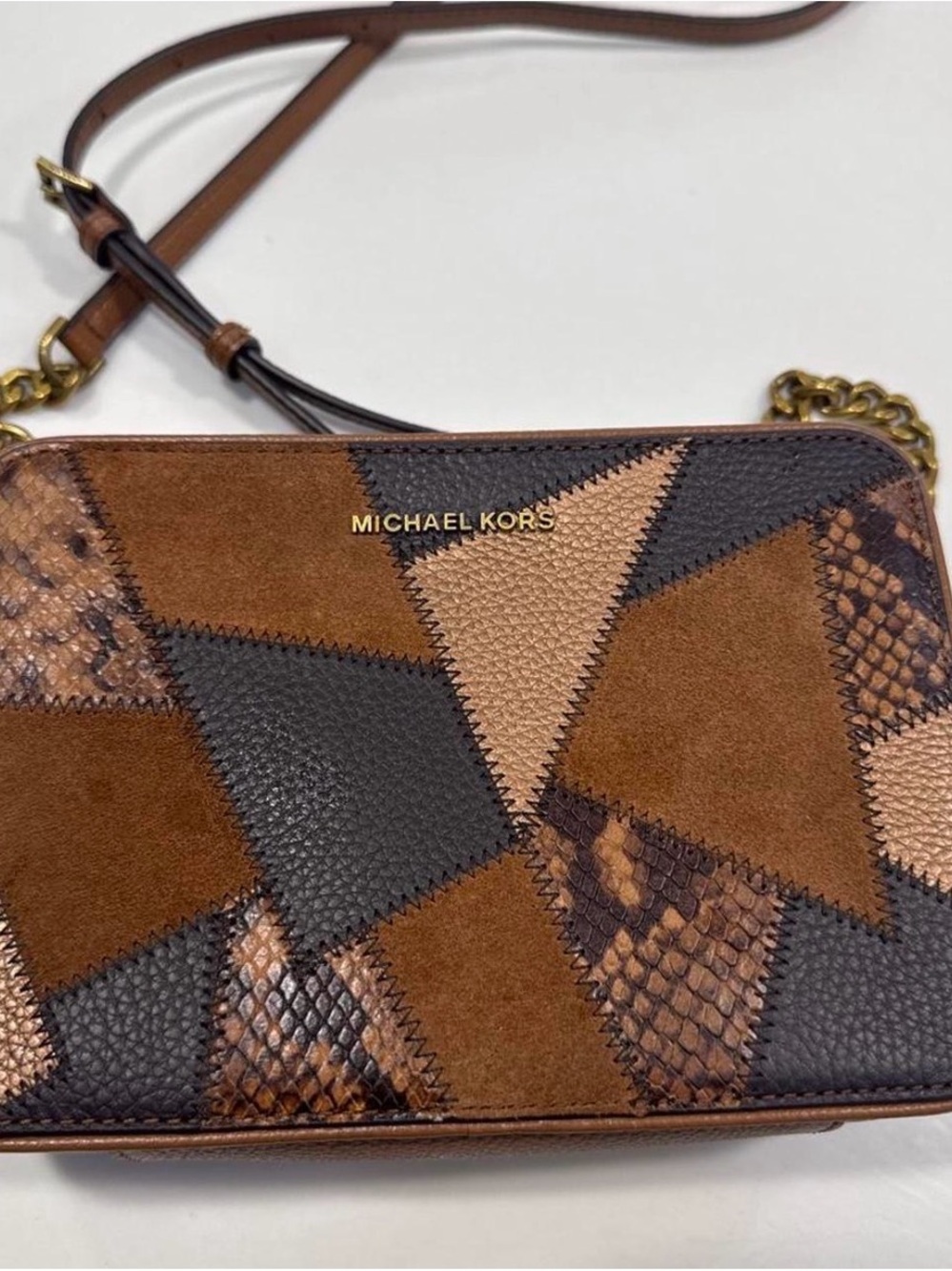 Michael Kors Brown Patchwork Leather and Snakeskin Crossbody